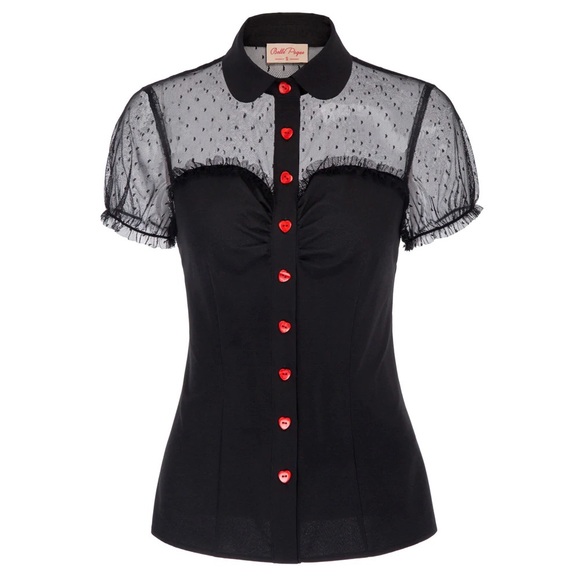 Belle Poque Tops - NWT Belle Poque Pin-Up Rockabilly SS Lapel Collar Mesh Fabric Patchwork Shirt